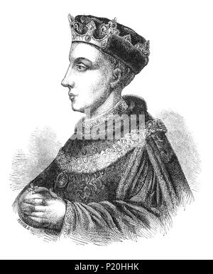 Un portrait d'Henry V (1386-1422), roi d'Angleterre à partir de 1413 jusqu'à sa mort à l'âge de 36 ans en 1422 et le second monarque de la Maison de Lancastre. Il est entré en conflit politique avec son père, Henry IV, dont la santé devient précaire et par conséquent commencé à se retirer des fonctions gouvernementales. En devenant roi, Henry V a affirmé l'anglais en attente de réclamations au trône français et en 1415, Henry s'est engagé dans la guerre avec la France dans le cadre de la guerre de Cent Ans (1337-1453) entre les deux nations. Banque D'Images