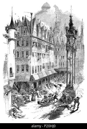 La révolte des Cabochiens est un épisode de la guerre civile entre Armagnacs et bourguignons au printemps de 1413. Jean Sans Peur, duc de Bourgogne est aligné avec les bouchers nommé "Cabochiens". Mobs séditieux, agressés Armagnac nobles, partisans et leurs propriétés et contrôlé à Paris pour quatre mois. Cependant, l'acvtions des Cabochiens et bourguignons créé le mécontentement de la population qui a commencé à s'élever contre eux. Une bataille s'est engagée dans la place de Gueve entre les bouchers et les charpentiers qui ce dernier a gagné. Banque D'Images