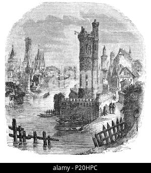 Un 15e siècle vue de la Seine comme il coule à travers Paris, France au cours de l'époque de la révolte des Cabochiens, un épisode de la guerre civile entre Armagnacs et bourguignons, c'est produite lors de la guerre de Cent Ans entre la France et l'Angleterre Banque D'Images