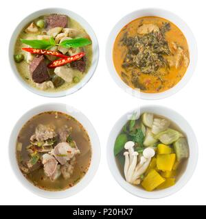 La cuisine thaï et de l'alimentation, Vue de dessus de curry vert avec l'aubergine au Curry Rouge, Vert avec des feuilles de Cassia, Claire épicé soupe aigre et piquante et Légumes S Banque D'Images