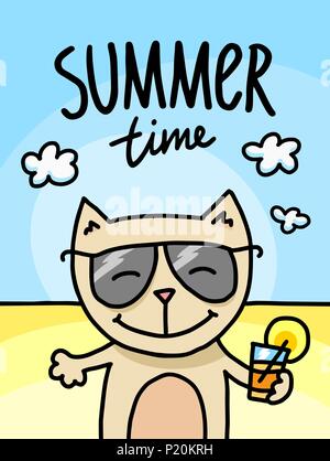 Happy cat ont détente sur la plage de l'océan à l'heure d'été. Télévision animal mignon vector illustration Illustration de Vecteur