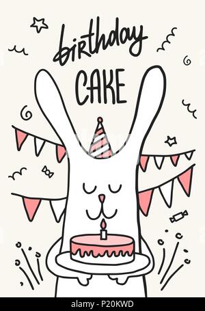 Lapin mignon tenir bon anniversaire gâteau avec une bougie. Cartoon vector illustration télévision animaux Illustration de Vecteur