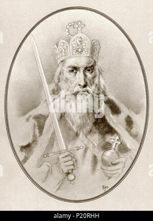 Charlemagne, aka Charles le Grand ou Charles I, 742 - 814. Roi des Francs, roi des Lombards et Saint Empereur Romain. Illustration par Gordon Ross, artiste et illustrateur américain (1873-1946), de la vie des dirigeants. Banque D'Images