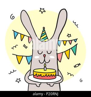 Funny bunny tenir bon anniversaire gâteau. Cartoon vector illustration animaux télévision couleur Illustration de Vecteur