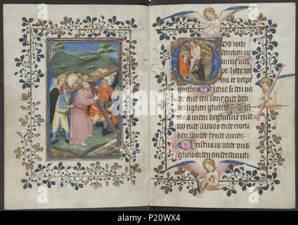 . Livre d'heures du maître de Zweder van Culemborg - KO 79 K 2 - Folios 079v (à gauche) et 080r (droite) . Folio 079v gauche et droite folio 080r à partir de la réserve d'heures par le maître(s) de Zweder van Culemborg Illuminations sur la gauche folio 079v La miniature pleine page montre la valeur comptable de la croix : le Christ porte la croix, l'apôtre Jean l'évangéliste ; attributs possibles : livre, chaudron, calice avec snake, eagle, Palm, allez - Activités et événements miraculeux  homme saint (11H(JOHN)4) l'exécution de la croix : le Christ portant la croix, seul ou avec l'aide d'autres personnes Banque D'Images