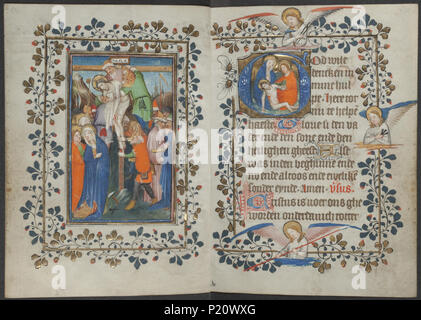 . Livre d'heures du maître de Zweder van Culemborg - KO 79 K 2 - Folios 085v (à gauche) et 086r (droite) . Folio 085v gauche et droite folio 086r à partir de la réserve d'heures par le maître(s) de Zweder van Culemborg Illuminations sur la gauche folio 085v La miniature pleine page montre le Dépôt : Le Christ est descendu de la croix Descente de croix : le Christ est descendu de la croix, généralement par Nicodème et Joseph d'Arimathée qui sont debout sur les échelles (les deux bras du christ détaché) (73D71) Illuminations sur la droite du folio 086r initiale historiée montre Lamentati Banque D'Images