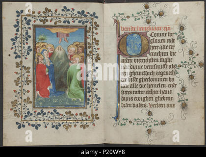 . Livre d'heures du maître de Zweder van Culemborg - KO 79 K 2 - Folios 092v (à gauche) et 093r (droite) . Folio 092v gauche et droite folio 093r à partir de la réserve d'heures par le maître(s) de Zweder van Culemborg Illuminations sur la gauche folio 092v La miniature pleine page montre l'Ascension : le Christ monte au ciel au-dessus de Marie et les apôtres, laissant ses empreintes sur le Mont des Oliviers Le Christ presque disparu : pieds seulement visible  ascension (73E425) L'empreinte du Christ sur le mont des Oliviers  l'ascension (73E44) . entre vers 1430 et vers 1435 33 Livre d'heures b Banque D'Images