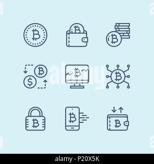 Contours, blockchain Cryptocurrency bitcoin, l'exploitation minière, de l'argent numérique simple vecteur icônes pour le web et les terminaux mobiles pack 1 Illustration de Vecteur