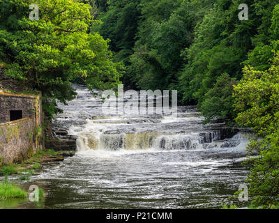 Chutes d'eau à la New Lanark World Heritage Site un moulin du xviiie, en village pittoresque de la rivière Clyde en Écosse Banque D'Images