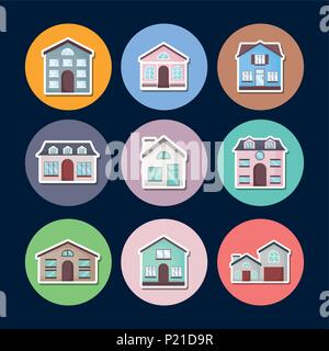 Icon Set de maisons modernes sur les cercles colorés sur fond bleu, vector illustration Illustration de Vecteur