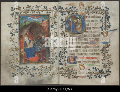 . Livre d'heures du maître de Zweder van Culemborg - KO 79 K 2 - Folios 027v (à gauche) et 028r (droite) . Folio 027v gauche et droite folio 028r à partir de la réserve d'heures par le maître(s) de Zweder van Culemborg Illuminations sur la gauche folio 027v La miniature pleine page montre la nativité : Mary assis, tenant l'enfant Jésus ; Saint Joseph, Annonciation de la naissance du Christ aux bergers (arrière-plan) Annonciation de la naissance du Christ aux bergers (et/ou bergères) la nuit ; une foule d'anges chantant dans l'air (73B14) l'Adoration de l'enfant Jésus par les bergers ; Mary et Banque D'Images