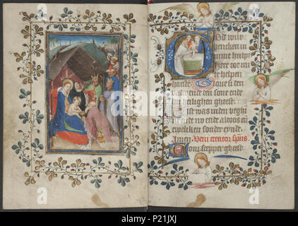 . Livre d'heures du maître de Zweder van Culemborg - KO 79 K 2 - Folios 033v (à gauche) et 034r (droite) . Folio 033v gauche et droite folio 034r à partir de la réserve d'heures par le maître(s) de Zweder van Culemborg Illuminations sur la gauche folio 033v La miniature pleine page montre l'adoration de l'enfant Jésus par les Mages Adoration des Rois : les sages présentent leurs cadeaux à l'enfant Jésus (or, encens et myrrhe) (73B57) Illuminations sur la droite du folio 034r initiale historiée montre la présentation au temple : Marie présente l'enfant Jésus à Siméon Roma Banque D'Images