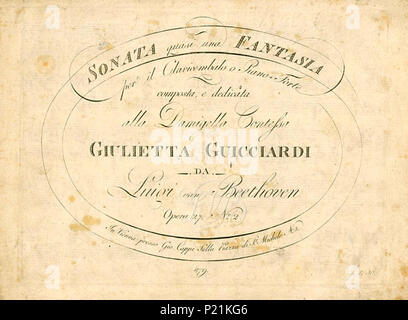 . Anglais : page de titre de la première édition de la partition de la Sonate pour piano no 14, Op. 27 no 2. Publié en 1802 par Giovanni Vienne e Cappi Comp. 14 janvier 2012. Ludwig van Beethoven Sonate pour piano de Beethoven 30 14 1802 - page de titre Banque D'Images