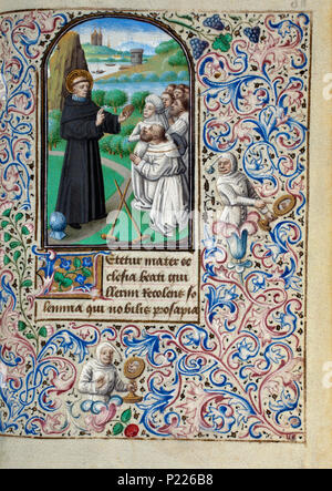 . Folio 088r du livre d'heures de Simon de varie - KB 74 G37 . Folio 088r du livre d'heures de Simon de varie - KB 74 G37 sur la miniature folio 088R St. William de Gellone prédication, un casque à ses pieds . 1455 34 Livre d'heures de Simon de varie - KB 74 G37 - Folio 088r Banque D'Images