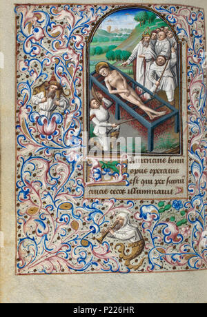 . Folio 073v du livre d'heures de Simon de varie - KB 74 G37 . Folio 073v du livre d'heures de Simon de varie - KB 74 G37 sur la miniature folio 073v Le Martyre de saint Laurent de Rome - il est rôti sur un gril . 1455 34 Livre d'heures de Simon de varie - KB 74 G37 - Folio 073v Banque D'Images