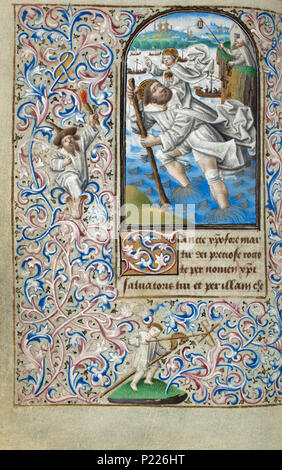 . Folio 074v du livre d'heures de Simon de varie - KB 74 G37 . Folio 074v du livre d'heures de Simon de varie - KB 74 G37 sur la miniature folio 074v St Christophe porte l'enfant Jésus, un ermite qui le guide avec une lampe . 1455 34 Livre d'heures de Simon de varie - KB 74 G37 - Folio 074v Banque D'Images