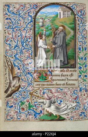 . Folio 107v du livre d'heures de Simon de varie - KB 74 G37 . Folio 107v du livre d'heures de Simon de varie - KB 74 G37 sur la miniature folio 107v Saint-antony Abbé d'Égypte tenant un chapelet et un personnel, avec un ange . 1455 34 Livre d'heures de Simon de varie - KB 74 G37 - Folio 107v Banque D'Images