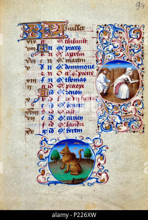 . Folio 094r du livre d'heures de Simon de varie - KB 74 G37a . Folio 094r du livre d'heures de Simon de varie - KB 74 G37a miniatures sur le folio 094r juillet - un homme récolter le maïs et une femme à lier des gerbes Juillet - Leo . 1455 35 Livre d'heures de Simon de varie - KB 74 G37a - Folio 094r Banque D'Images