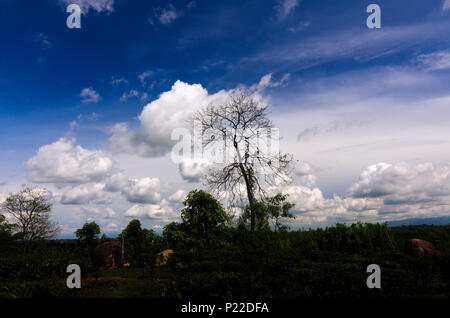 C'est une image réalisée à partir d'une colline sur nuageux jour de mousson avec ciel bleu et nuages de la création d'une toile sur le ciel. Banque D'Images