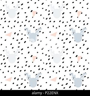 Hand drawn confettis noirs sur fond blanc simple abstract illustration modèle vectoriel continu avec des silhouettes de cerfs Illustration de Vecteur