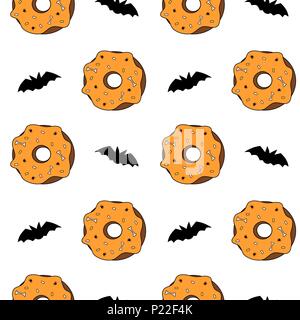 Cute cartoon halloween background illustration modèle vectoriel continu avec des beignets et des chauves-souris Illustration de Vecteur