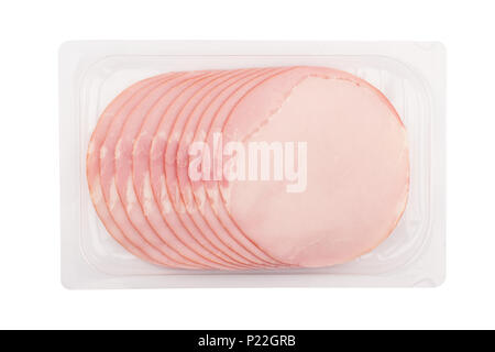 Vue de dessus de la ronde tranches de longe de porc fumé jambon dans le bac en plastique transparent packaging isolé sur fond blanc Banque D'Images