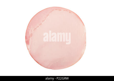 Vue de dessus d'une ronde tranche de longe de porc fumé texture jambon isolé sur fond blanc Banque D'Images