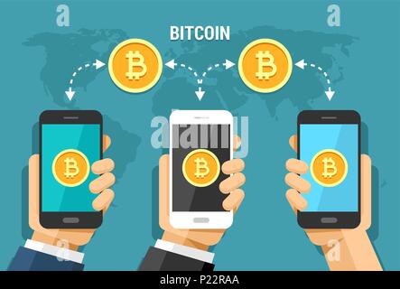 Vector illustration de télévision transfert bitcoin entre les utilisateurs à travers le monde. Fonctionnement de la technologie cryptocurrency Bitcoin Illustration de Vecteur
