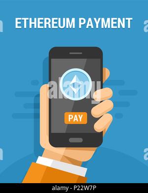 Hand holding smartphone avec ethereum monnaie. Vector illustration de télévision paiement cryptocurrency Illustration de Vecteur
