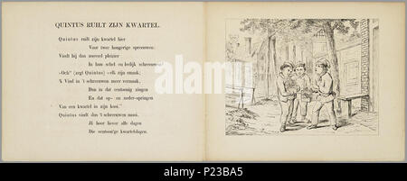 . Prentenboek vrolijke Het voor kinderen. Prentenboek omkaderde oblongue a rencontré 13 ongekleurde illustraties, vermoedelijk litho's. Op de pagina ernaast rijmende een staat tekst. Bevat onder meer visuels van een op de speelgoedkraam kermis, een nègre die wordt voor een aangezien indiaan, kruidenierswinkel almanakkenverkoper, een een, schoolklas speelgoedverkoopster terre rouge, een, een portret van Uilenspiegel langs de straat en uienverkoper, vogels in een een kooi voorstelling een toverlantaarn. 14 p., 13 pl. bl : zw. lith // De keerzijde der illustraties est onbedrukt // Datering : niet je Banque D'Images