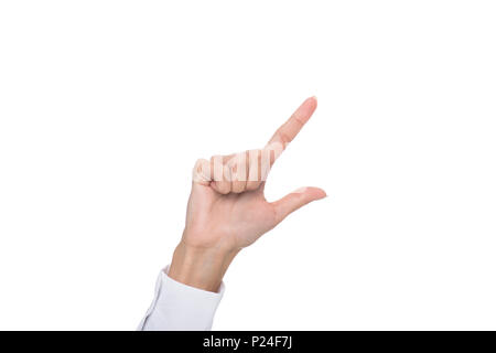 Portrait de personne pointant ou faisant des gestes de la langue signée, isolated on white Banque D'Images