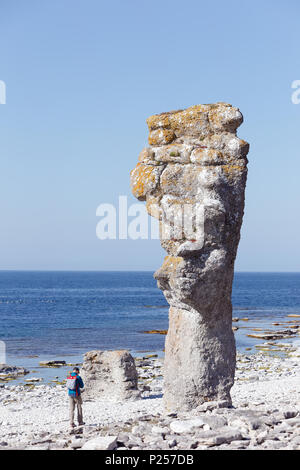 Faro, Suède - 13 mai 2016 : une personne qui marche par la mer à Langhammars piles sur l'île de Faro dans la province suédoise de Gotland. Banque D'Images
