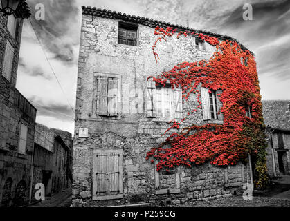 Vieille maison et vigne vierge en automne, manipulé Banque D'Images