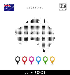 Carte de l'Australie en pointillés. Silhouette simple de l'Australie. Le drapeau national de l'Australie. Ensemble de marqueurs de la carte multicolore. Illustration isolé sur Whi Banque D'Images