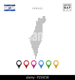 La carte à points d'Israël. Silhouette simple d'Israël. Le drapeau national d'Israël. Ensemble de marqueurs de la carte multicolore. Illustration isolé sur fond blanc Banque D'Images