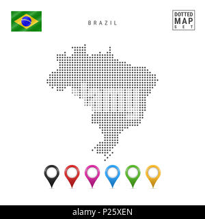 Carte du Brésil en pointillés. Silhouette simple du Brésil. Le drapeau national du Brésil. Ensemble de marqueurs de la carte multicolore. Illustration isolé sur blanc Zone Banque D'Images