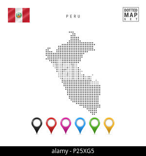 Carte du Pérou en pointillés. Silhouette simple du Pérou. Le drapeau national du Pérou. Ensemble de marqueurs de la carte multicolore. Illustration isolé sur fond blanc. Banque D'Images