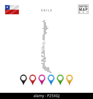 La carte à points du Chili. Silhouette simple du Chili. Le drapeau national du Chili. Ensemble de marqueurs de la carte multicolore. Illustration isolé sur blanc Backgroun Banque D'Images