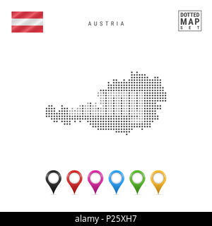 La carte à points de l'Autriche. Silhouette simple de l'Autriche. Le drapeau national de l'Autriche. Ensemble de marqueurs de la carte multicolore. Illustration isolé sur blanc Bac Banque D'Images