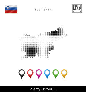 La carte à points de Slovénie. Silhouette simple de Slovénie. Le drapeau national de la Slovénie. Ensemble de marqueurs de la carte multicolore. Illustration isolé sur fond blanc Banque D'Images