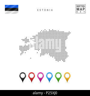 La carte à points d'Estonie. Silhouette simple d'Estonie. Le drapeau national de l'Estonie. Ensemble de marqueurs de la carte multicolore. Illustration isolé sur blanc Bac Banque D'Images