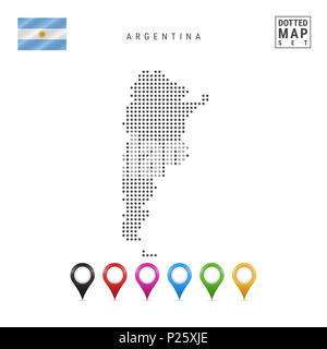 La carte à points de l'Argentine. Silhouette simple de l'Argentine. Le drapeau national de l'Argentine. Ensemble de marqueurs de la carte multicolore. Illustration isolé sur Whi Banque D'Images