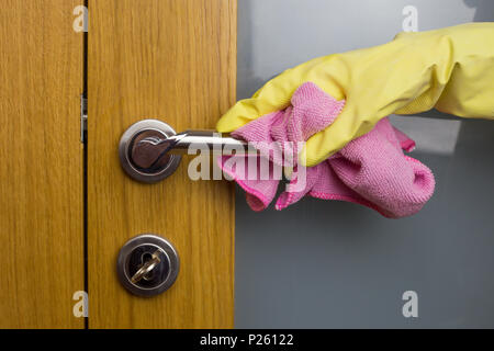 Femme au foyer, une femme au foyer s'acquitte de son travail, est propre avec un tissu dans sa main, et des gants sur ses mains, des gants en caoutchouc pour le nettoyage Banque D'Images