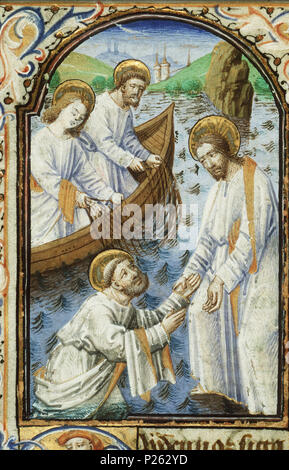 . Le Christ apparaît au bord du lac de Génésareth, Saint Pierre marche sur l'eau - miniature du folio 002rfrom le livre d'heures de Simon de varie - KB 74 G37a . Le Christ apparaît au bord du lac de Génésareth, Saint Pierre marche sur l'eau - miniature du folio 002r du livre d'heures de Simon de varie - KB 74 G37a sujets représentés dans cette miniature de Pierre marchant sur les eaux vers le Christ sur la rive (73E3731) Cette miniature fait partie de folio 002r . 1455 60 Le Christ apparaît au bord du lac de Génésareth, Saint Pierre marche sur l'eau - Livre d'heures de Simon de varie - KB 74 G37a - 002r min Banque D'Images