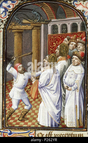 . Le Martyre de Saint Simon Zélotès et saint Jude Thaddée - ils sont battus à mort - miniature du folio 008rfrom le livre d'heures de Simon de varie - KB 74 G37a . Le Martyre de Saint Simon Zélotès et saint Jude Thaddée - ils sont battus à mort - miniature du folio 008r du livre d'heures de Simon de varie - KB 74 G37a sujets représentés dans cette miniature le martyre et la mort de Judas thaddée : il est battu à mort et décapité (73F324) Le Martyre et la mort de Simon le zélote : il est scié en deux, ou battus à mort (73F332) Cette miniature fait partie de folio 008r . 1455 304 La mart Banque D'Images