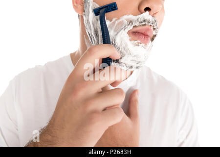 Portrait d'homme barbu avec de rasage rasoir, isolated on white Banque D'Images