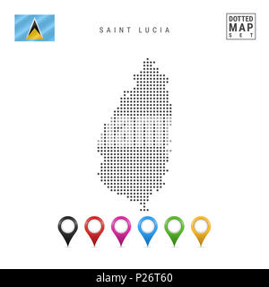 La carte à points de Sainte-Lucie. Silhouette simple de Sainte-Lucie. Le drapeau national de Sainte-Lucie. Ensemble de marqueurs de la carte multicolore. Illustration isolé Banque D'Images