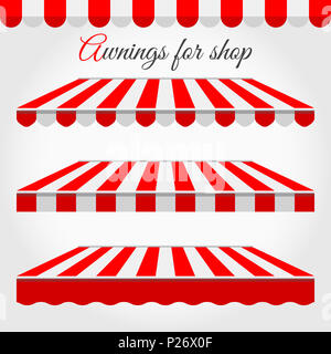 Auvents rayés pour Shop sous différentes formes. Auvent rouge et blanc avec l'échantillon de texte. Banque D'Images