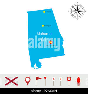 Alabama site isolé sur fond blanc. Silhouette très détaillés de l'Alabama State. Drapeau de l'Alabama. Les marqueurs de carte 3D ou les pointeurs, éléments de navigation. Banque D'Images