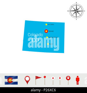 Colorado site isolé sur fond blanc. Silhouette de la Colorado State. Drapeau de la Californie. Les marqueurs de carte 3D ou les pointeurs, éléments de navigation. Rose de Wi Banque D'Images